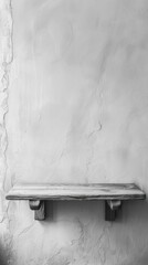 Poster - A monochrome photo showing a wooden bench placed against a wall, creating a simple contrast of light and shadow.