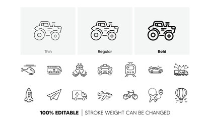Poster - taxi, helicopter and train. transport line icons. airplane linear icon set. line icons set. vector