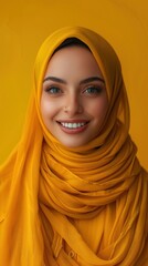 Wall Mural - A woman of Arab or Asian descent, dressed in a yellow hijab, looks at the camera with a smile on her face.