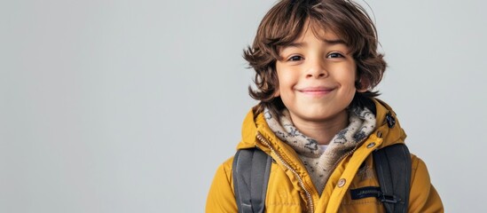 A young boy, smiling, wearing a yellow jacket and carrying a black backpack.