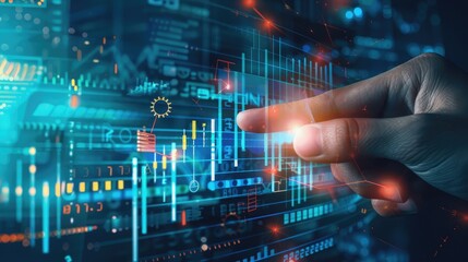 Poster - Hand pointing at abstract upward digital chart arrow on blue background. Finance concept