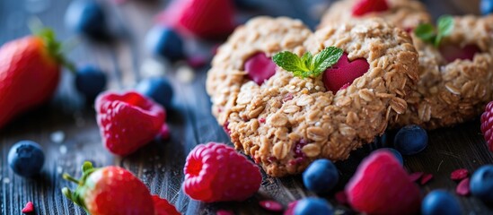 Poster - A close-up photo featuring two oatmeal cookies topped with fresh berries arranged on a table, creating a Valentines Day treat.