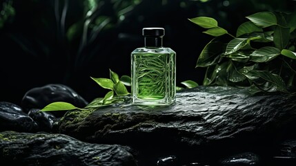 Men perfume with scent of citrus lime and bergamot. Mockup with bottle of perfume on dark background with stones and leaves. Business Template. AI generated. Concept of freshness, nature