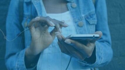 Poster - Animation of data processing over african american woman using smartphone