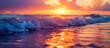 The sun is seen setting over the ocean waves, casting a warm golden glow on the water. The vivid waves reflect the colorful sky as the day comes to a peaceful end.