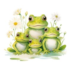 Wall Mural - Watercolor illustration of a family of frogs on a white background.