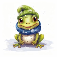 Wall Mural - Illustration of a cute frog wearing a knitted hat, scarf on a white background.