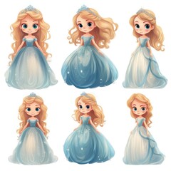 Wall Mural - Set of beautiful princesses in luxurious dresses on a white background