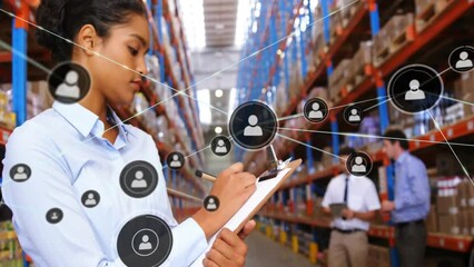 Sticker - Animation of network of connections with icons over biracial female worker in warehouse