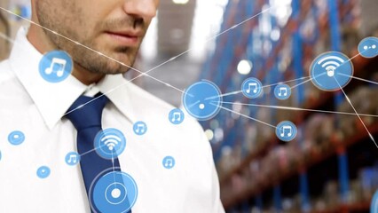 Poster - animation of network of connections with icons over caucasian male worker in warehouse
