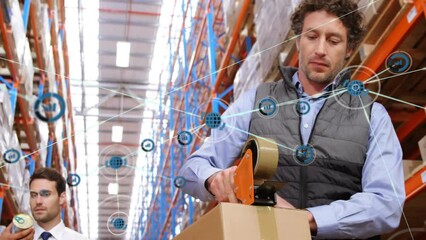 Poster - Animation of network of connections with icons over caucasian male worker in warehouse