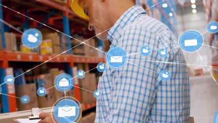 Poster - Animation of network of connections with icons over caucasian male worker in warehouse