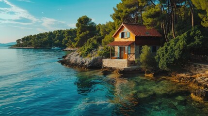 Wall Mural - A small house sitting on the shore of a lake