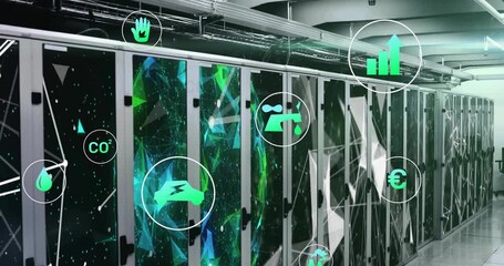 Poster - Animation of ecology icons and network of connections over server room