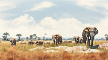 Wall Mural - water color style of Group of elephant, on the savannah. Generative Ai