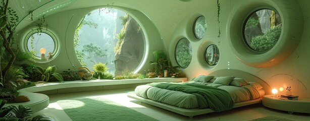 Wall Mural - Modern luxury bedroom in green with a large bed and a round window with mountain views