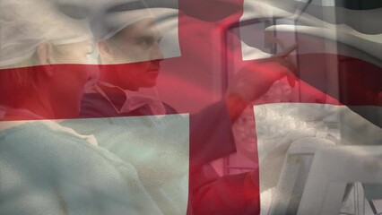 Poster - Animation of flag of england over diverse doctors discussing work in hospital