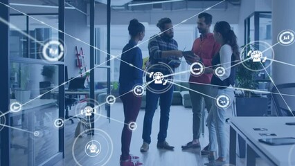 Poster - Animation of network of connections with icons over diverse business people in office