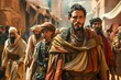 © pisan - Dramatic Ancient Marketplace Scene with Focused Man in Traditional Garb Amongst Bustling Crowd
