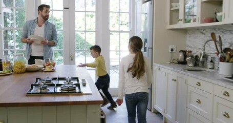 Wall Mural - Father, children and breakfast in kitchen for morning or healthy routine for nutrition, pancakes or weekend. Male person, kid siblings and running in home or excited for food meal, hunger or holiday