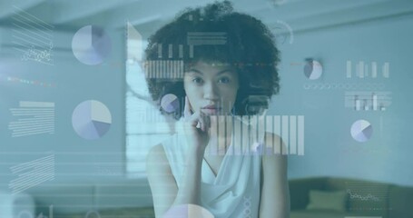 Poster - Animation of financial data processing over biracial businesswoman in office
