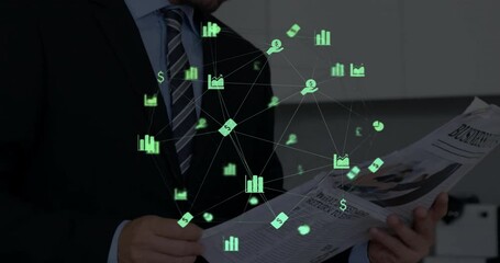 Poster - Animation of network of connections with icons over caucasian businessman reading newspaper