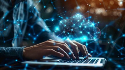 Poster - Professional tech innovator engages with futuristic cloud computing concept on laptop