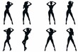 Vector illustration of eight black isolated female silhouettes on a white background. Set of slender women in swimsuits posing in various seductive poses with hands on head.
