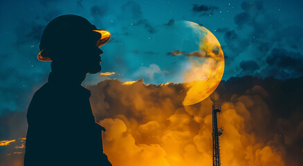 Wall Mural - silhouette of a an engineer looking to sky with ramadan crescent moon