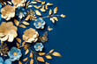 Blue and gold paper flowers on a dark blue background. Copy space, greeting card