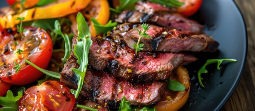 This close-up photo showcases a plate of delicious grilled beef and juicy tomato salad, making it a perfect choice for summertime grilling.
