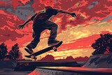 A man is shown riding a skateboard up the side of a ramp. He is moving swiftly and skillfully, showcasing his athleticism and control. Generative AI