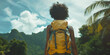 A lone adventurer with a yellow backpack stands facing lush, green tropical mountains, contemplating the scenic beauty