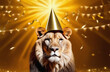 A happy birthday ard with a lion in a golden party hat and a backdrop of confetti in gold.