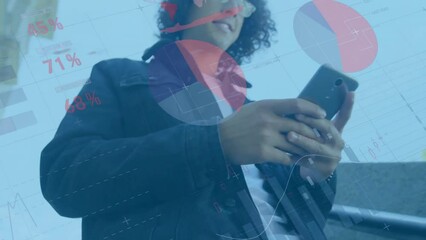 Poster - Animation of financial data processing over caucasian businessman using smartphone