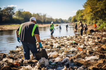 a community cleanup event along a polluted riverbank, with volunteers working together to remove tra