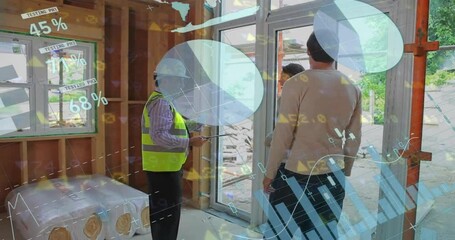 Poster - Animation of financial data processing over diverse male architect and couple in house