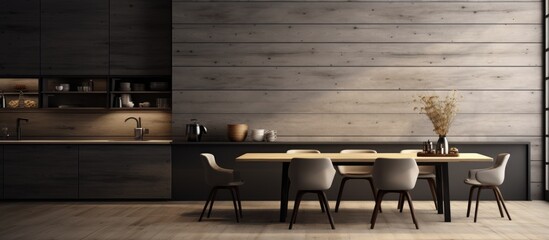 A dining room featuring a wooden table surrounded by chairs. The room is illuminated with natural light, and the walls are adorned with wooden boards in a grey and black color scheme.