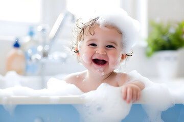 Happy baby taking a bath in bathtub