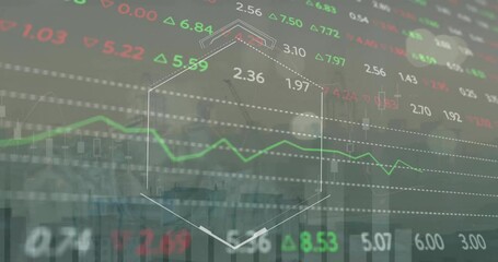 Poster - Animation of financial data processing over cityscape and dark background