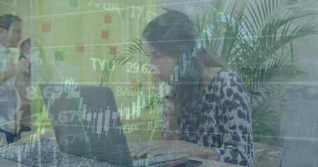 Poster - Animation of financial data processing over caucasian woman using laptop