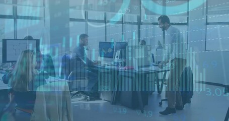 Poster - Animation of financial data processing over diverse business people in office