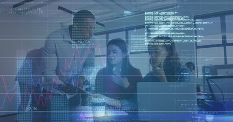 Poster - Animation of financial data processing over diverse business people in office