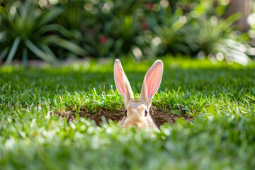 Poster - Easter bunny ears poking out of a hole in a garden