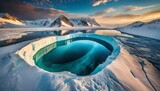 Aerial View of a Deep Blue Ice Hole in a Snowy Arctic Landscape. Lake in glacier.