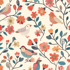 Canvas Print - seamless background with cute birds and flowers