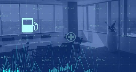 Poster - Animation of financial data processing over empty office
