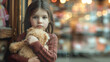 A young girl tightly holds a plush bear, against a light background with a bokeh effect reminiscent of the warmth of the city. Copy space.