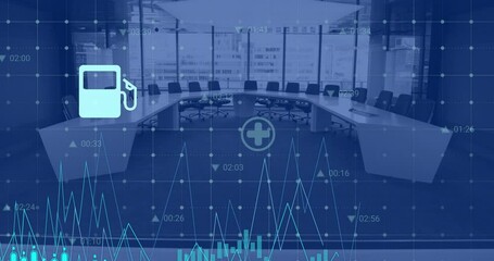 Poster - Animation of financial data processing over conference room in empty office