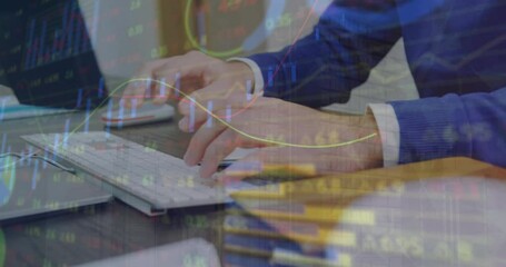 Poster - Animation of financial data processing over caucasian man using computer
